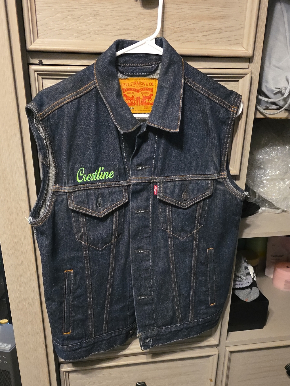 Levi's Dark Blue Denim Vest with Green Crestline Embroidery